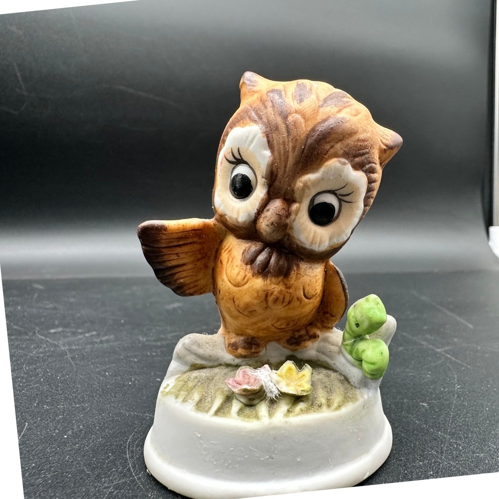 Vintage Bisque Owl Figurine with Big Eyes and Flowers Midcentury Cottage Core